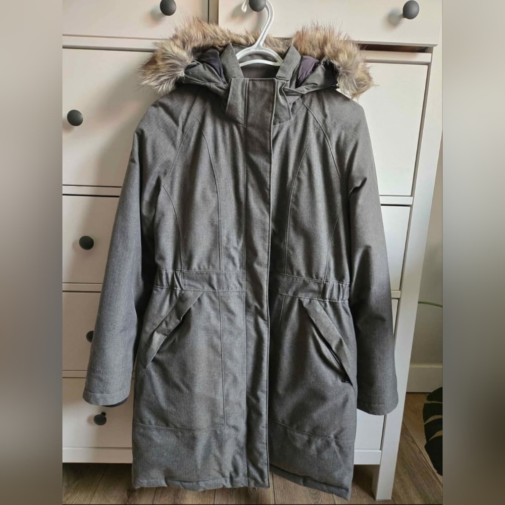 The North Face Gray Parka Snow Jacket with Removable Faux Fur Hood Cinched Waist